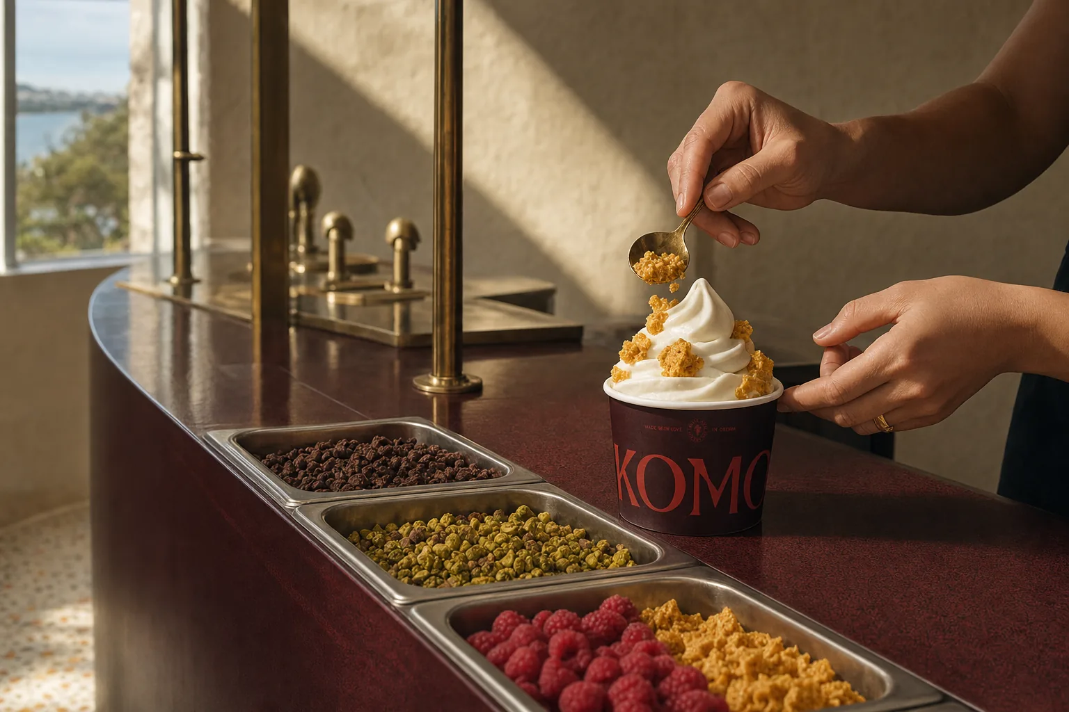 A hand spooning honeycomb onto a filled Komo cup at the toppings bar