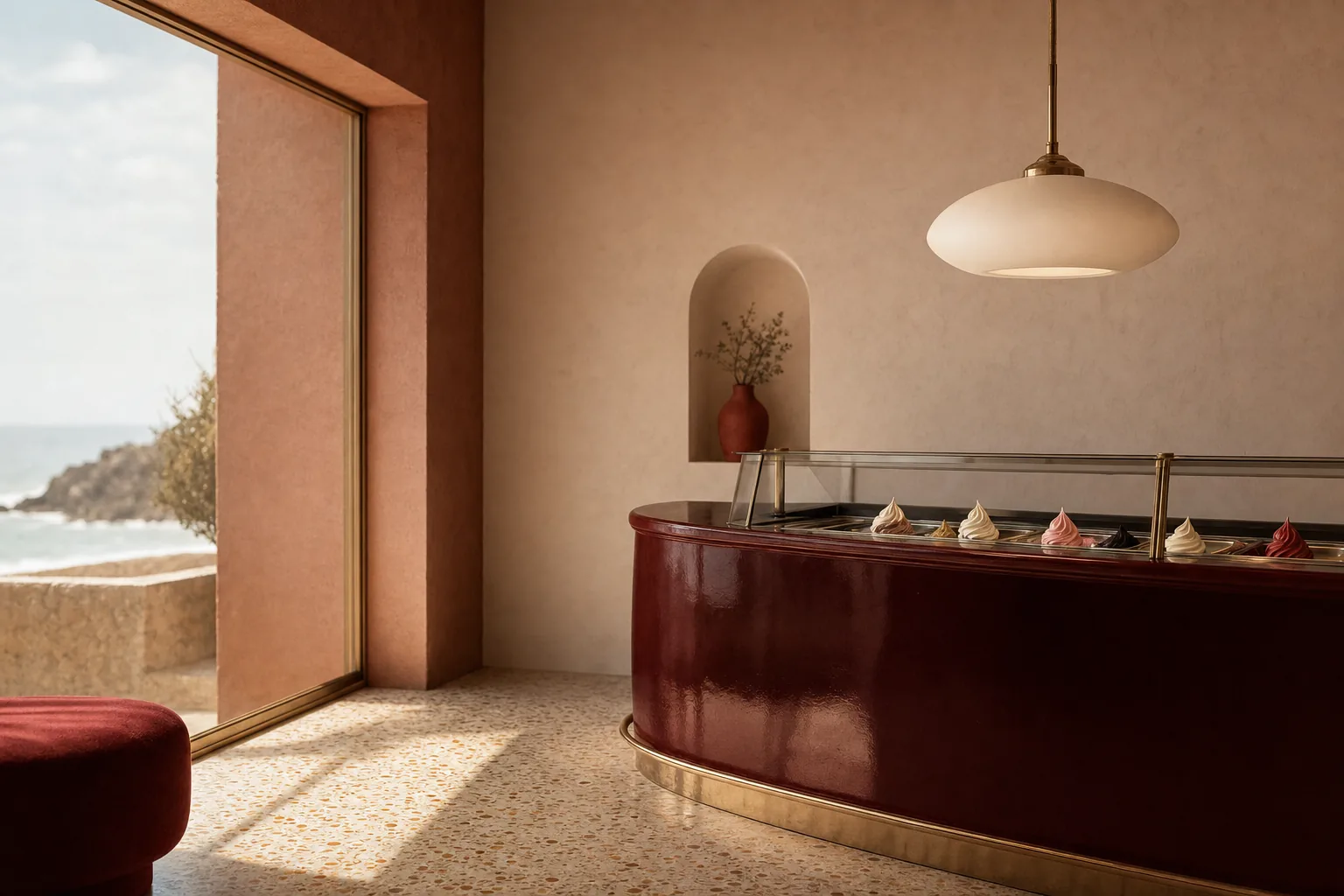 The Komo counter, an oxblood lacquered curve under a single pendant light with the sea through the window